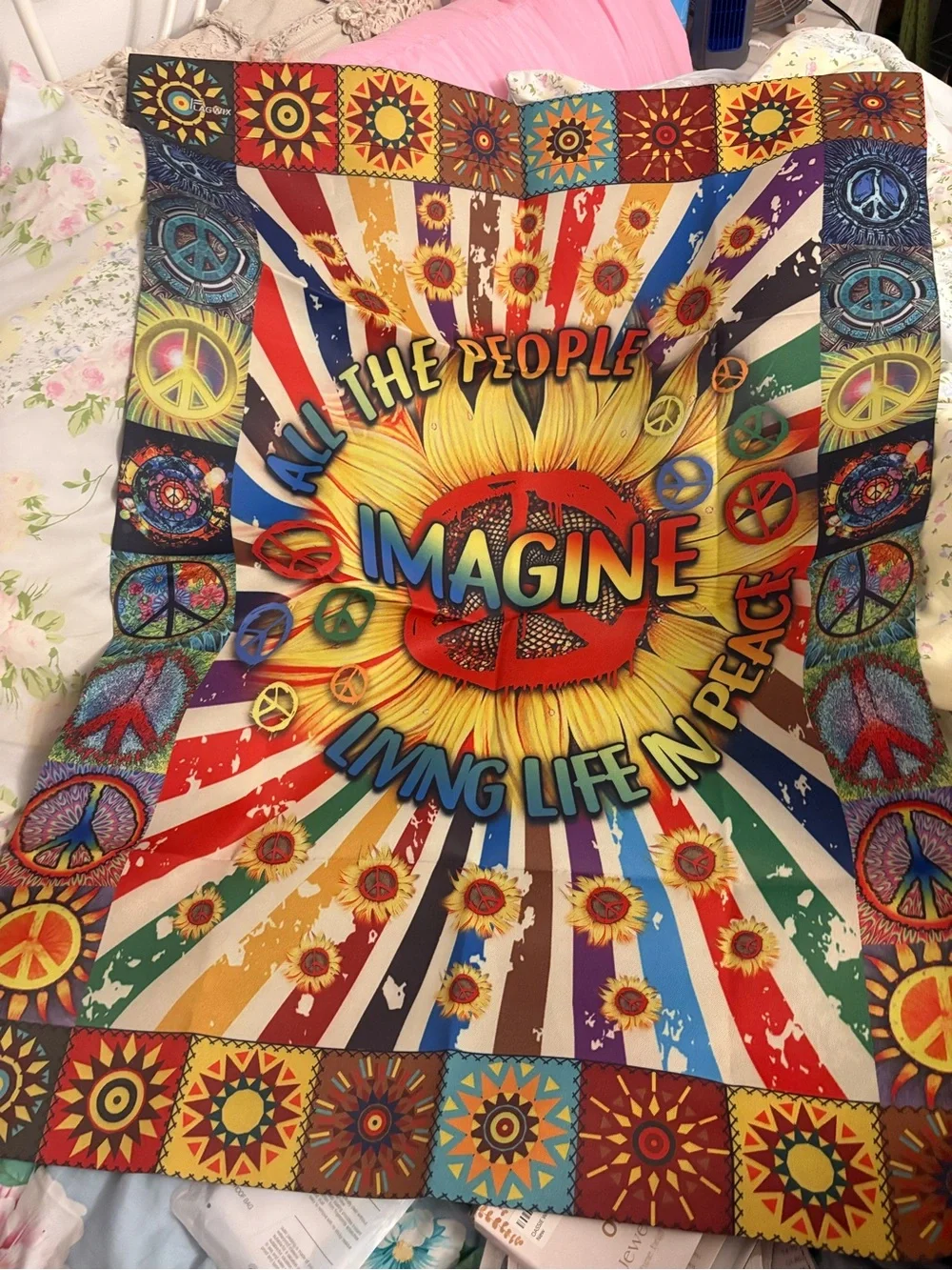 New Open Bag Flagwix 29.5x39.5 American Flag-Hippie Imagine All The People Livin